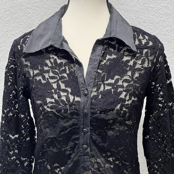 Vintage Cache Sheer Lace Collared Blouse Silk Trim Size L Y2k Grunge Classic - Picture 2 of 8